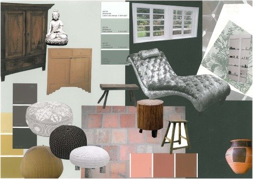 TV kamer, sofa, chaise longue, groen, buitengevoel, hout